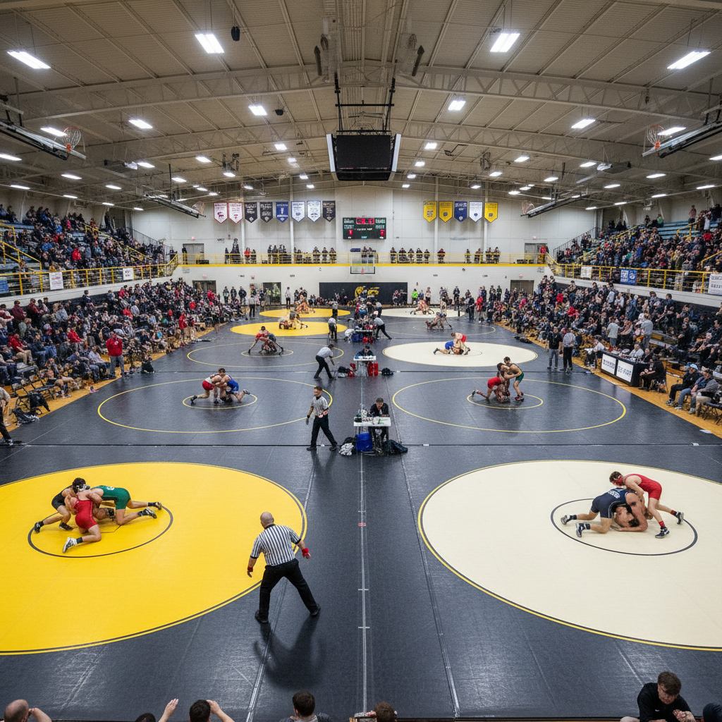 Wrestling tournament with multiple mats in a high school gymnasium packed with spectators