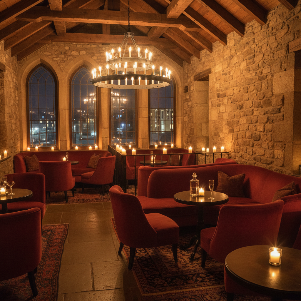 Intimate lounge with Moorish arches, lanterns, and handwoven rugs