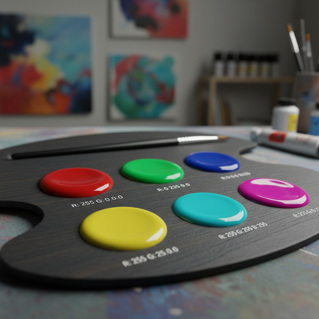 Artist palette with rich oil paint colors, colorful brushstrokes on canvas in warm studio light