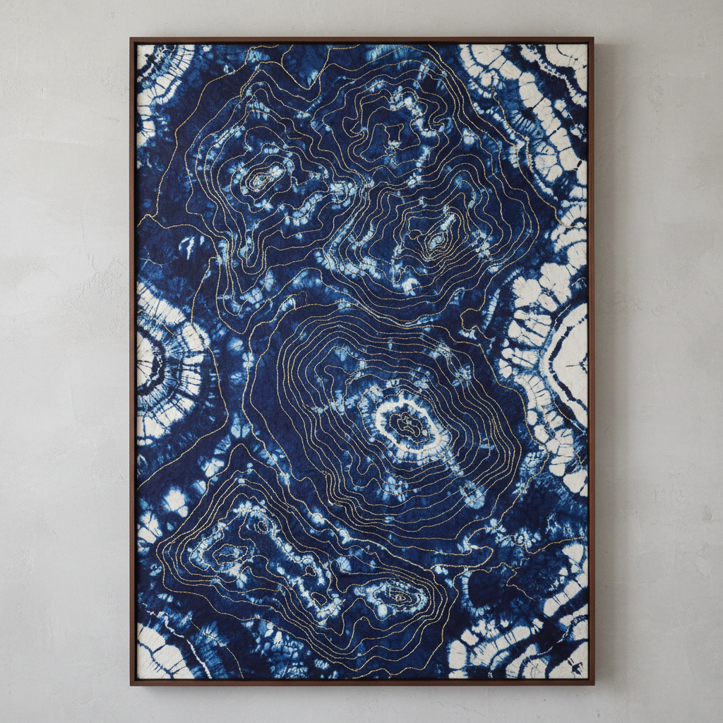 Shibori-dyed silk panel in deep indigo and white with gold thread hand-stitching creating topographic map-like patterns across the surface