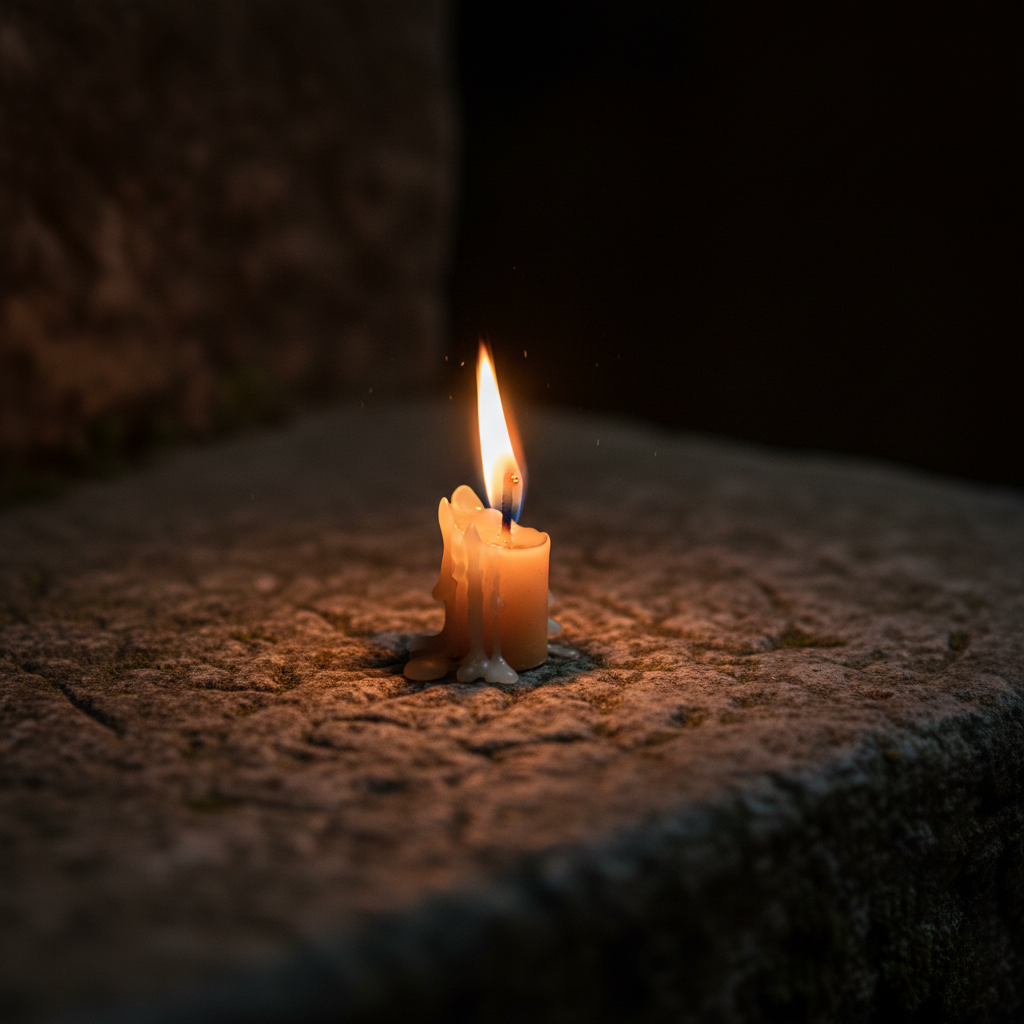 Sakin karanlık meditasyon ortamı, tek ışık kaynağı, derin sessizlik atmosferi
