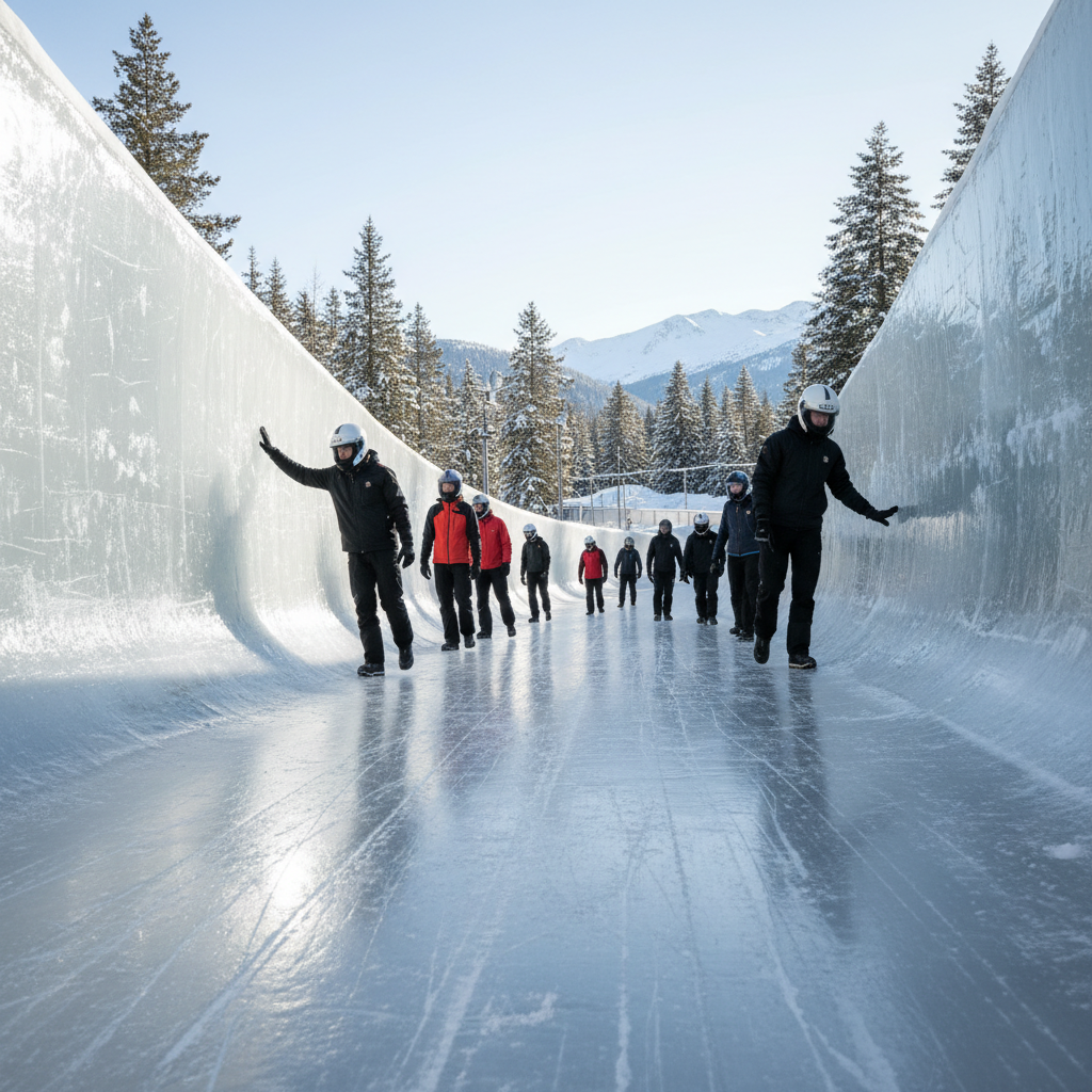 Participants walking along the edge of a bobsled ice track, inspecting the curved walls and ice surface