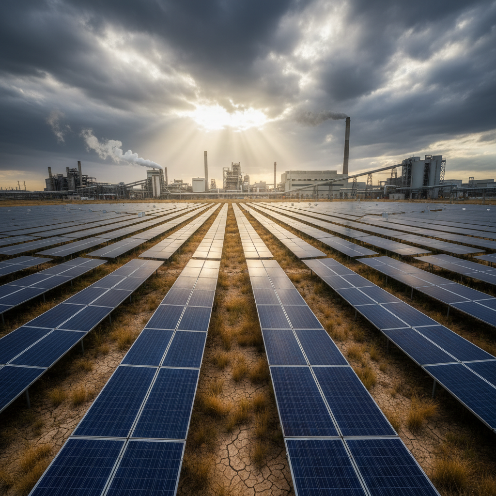 Industrial solar farm with rows of solar panels, large scale installation, clear sky, bright outdoor lighting