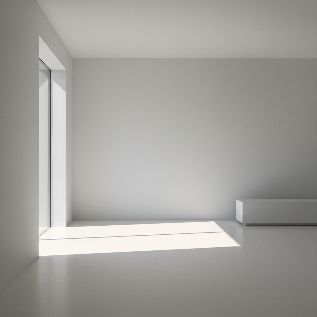 Minimalist white interior space with single window casting rectangular light beam on floor