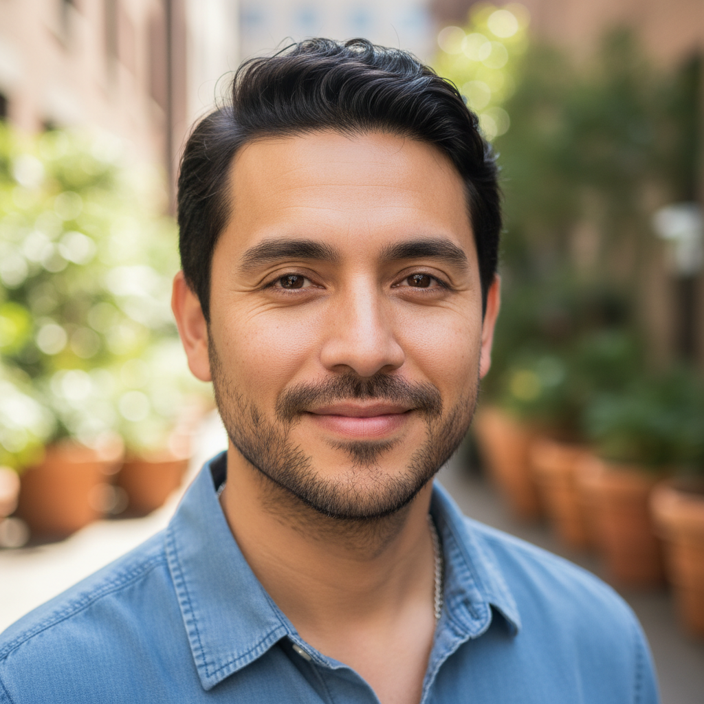 Portrait of Daniel Reyes, a Latino man in his 30s with a relaxed smile