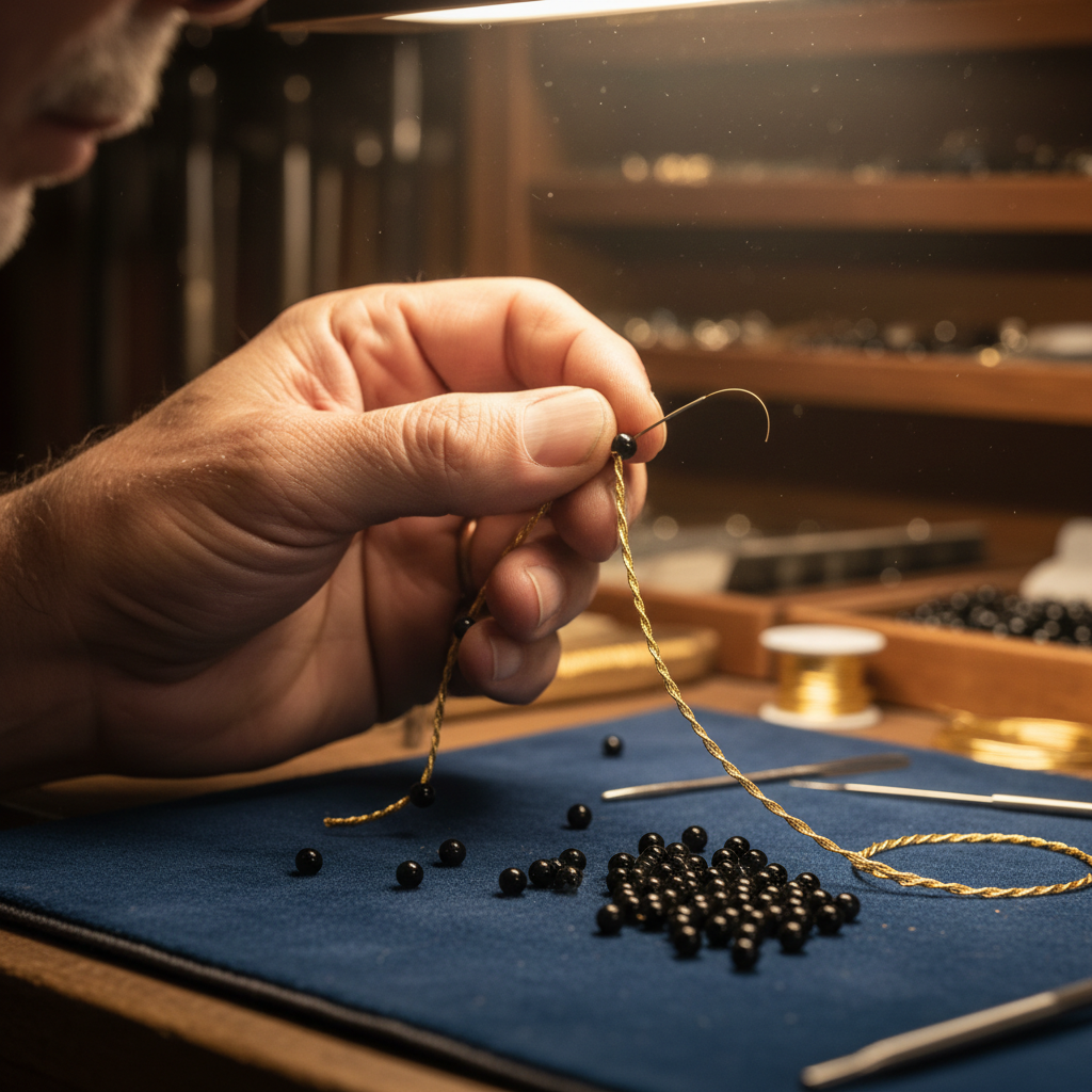 Artisan hands crafting prayer beads in warm workshop light, traditional Istanbul craft