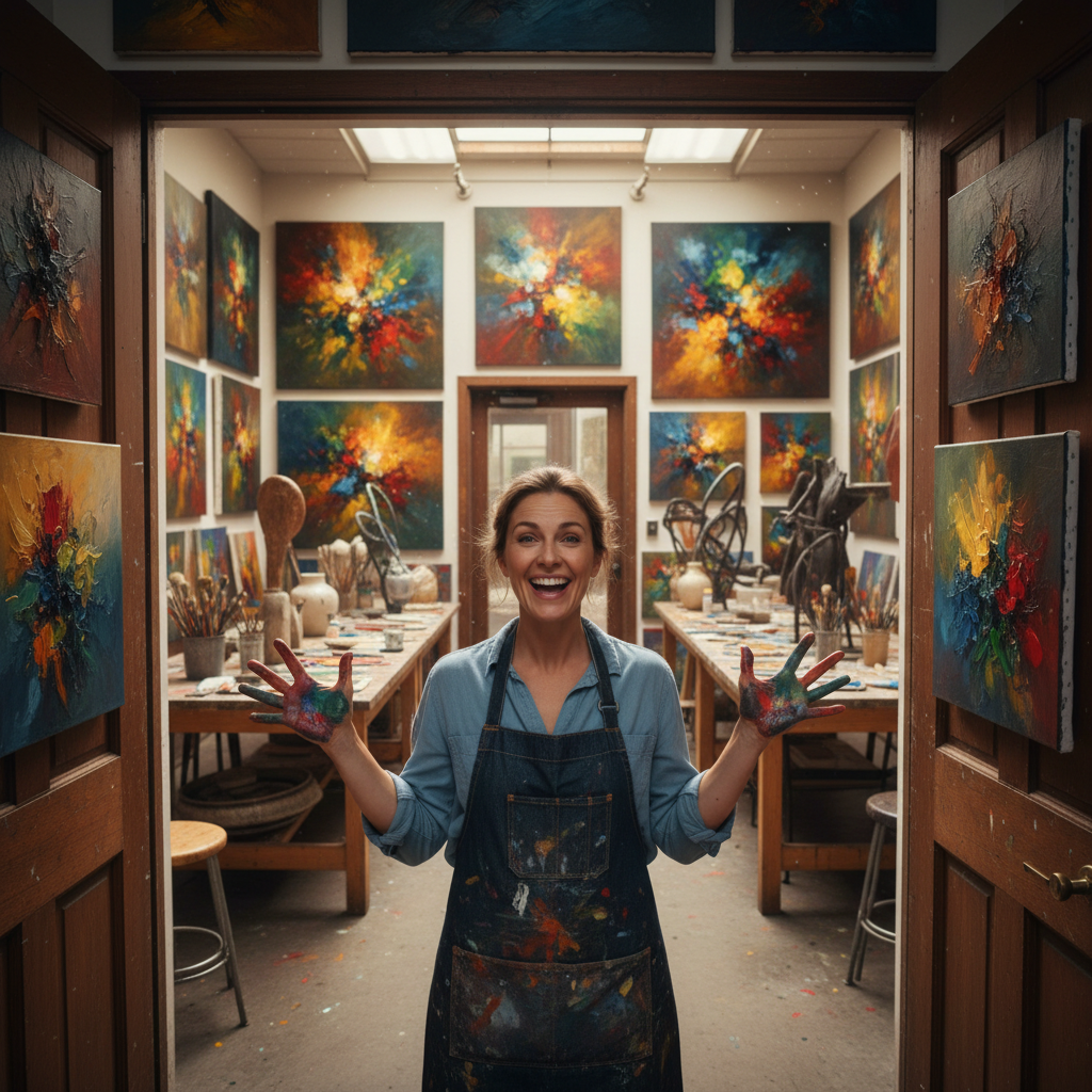 Studio door swinging open to reveal walls covered in luminous oil paintings and a teacher grinning with paint on hands