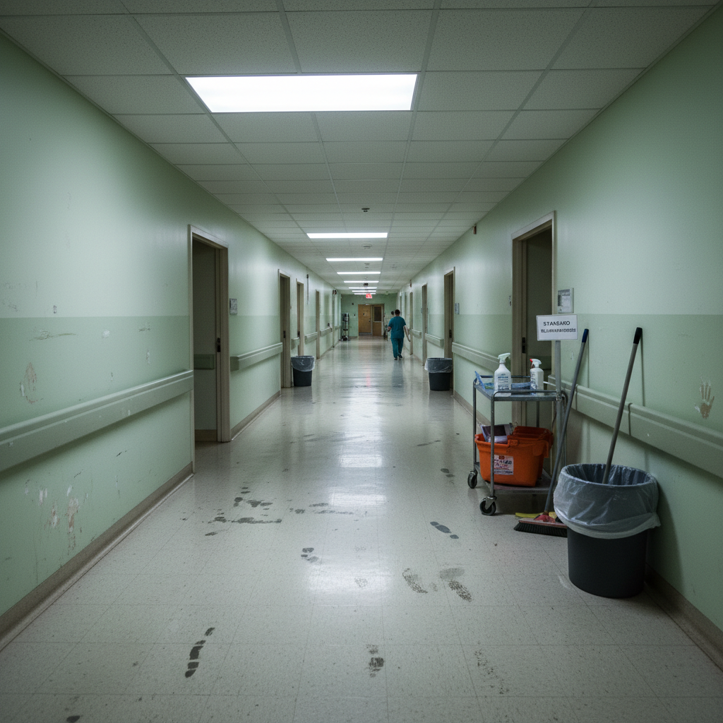 Healthcare facility at night with low-key lighting, clinical white walls in shadow, quiet dim corridor atmosphere