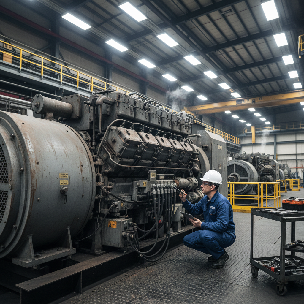 Technician in hard hat performing maintenance inspection on a large industrial diesel generator