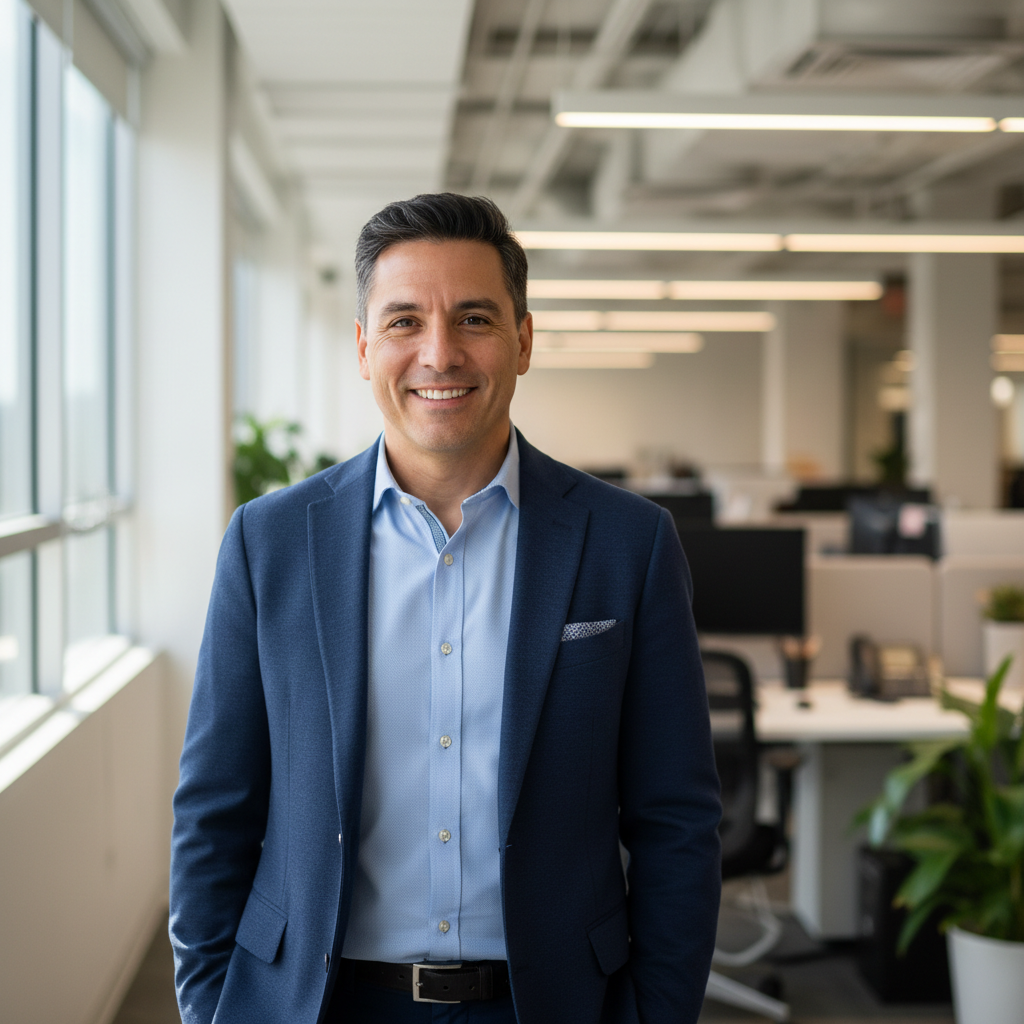 Hispanic man in business casual attire, friendly expression, natural office lighting