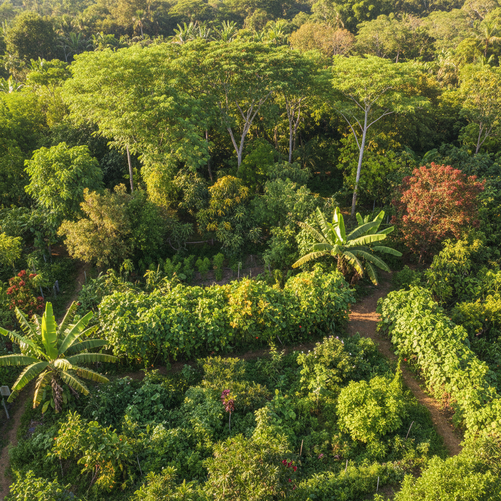 Aerial view of food forest canopy with layered polyculture planting
