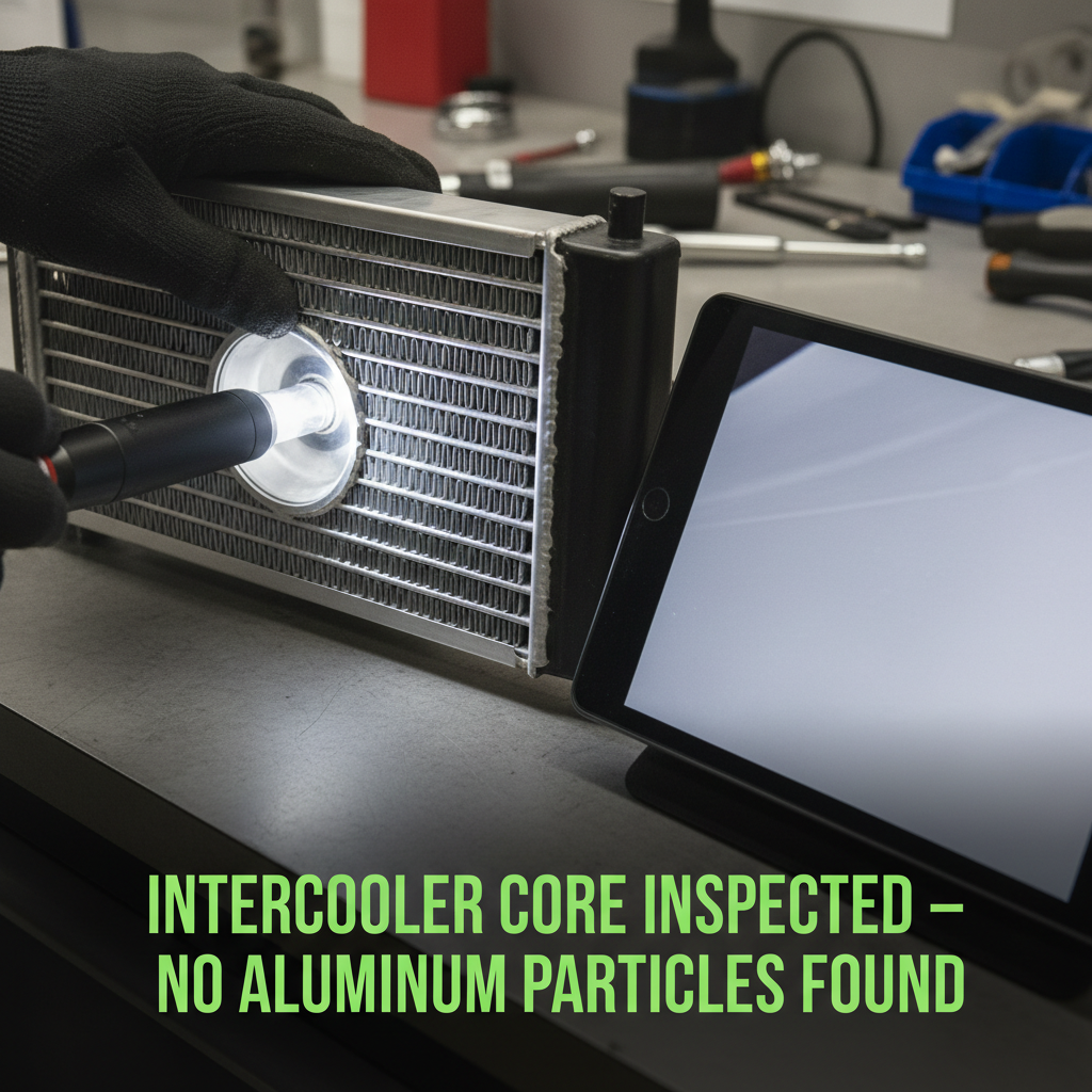 Intercooler core removed and inspected showing no aluminum contamination