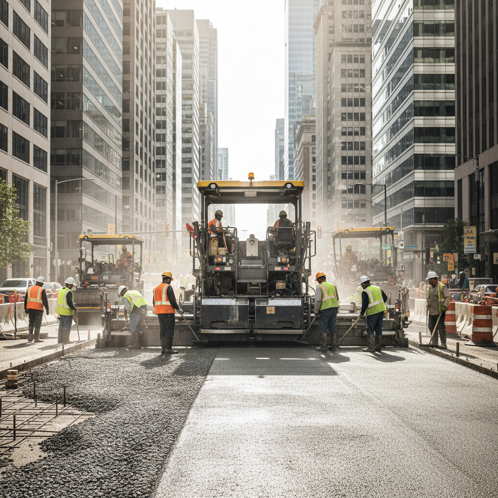 Road widening project with construction equipment, bright daylight, open urban road setting