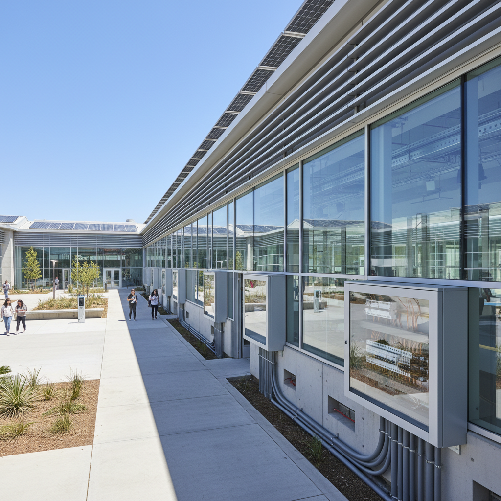 Modern school campus exterior with security cameras, well-lit corridors, safe professional environment