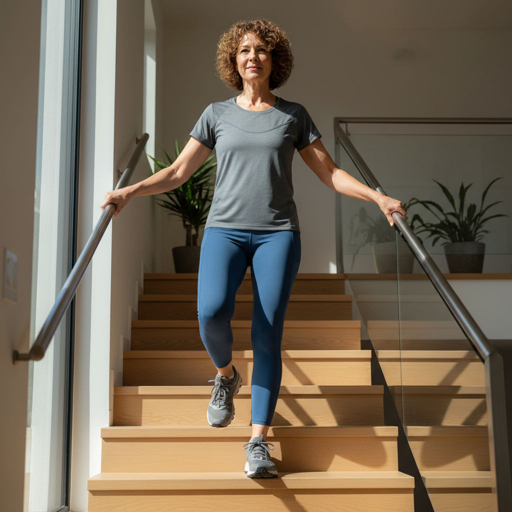Patient climbing stairs independently on day 3 post knee replacement surgery