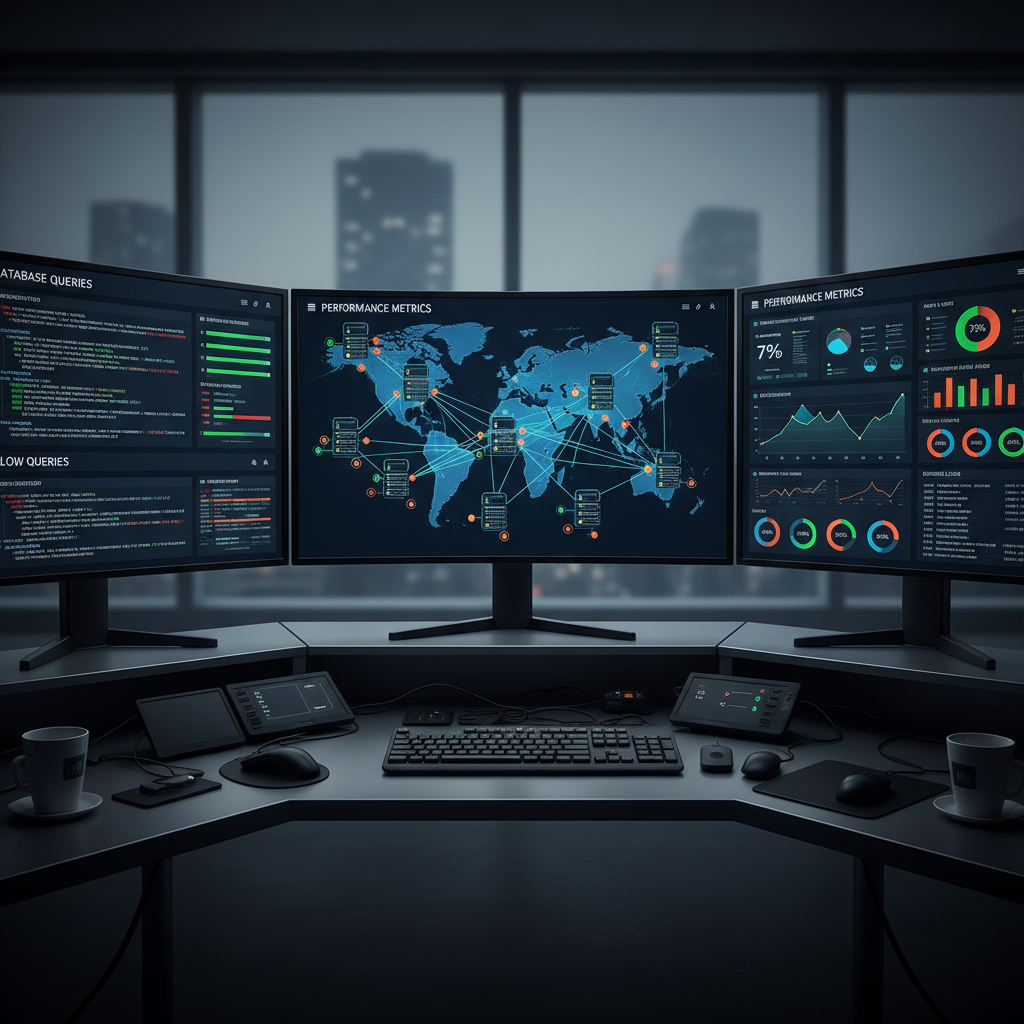 Server infrastructure monitoring interface with database query panels and performance metrics