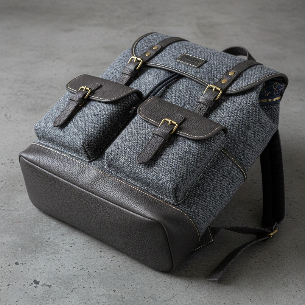 Dark olive canvas backpack with leather accents on concrete wall