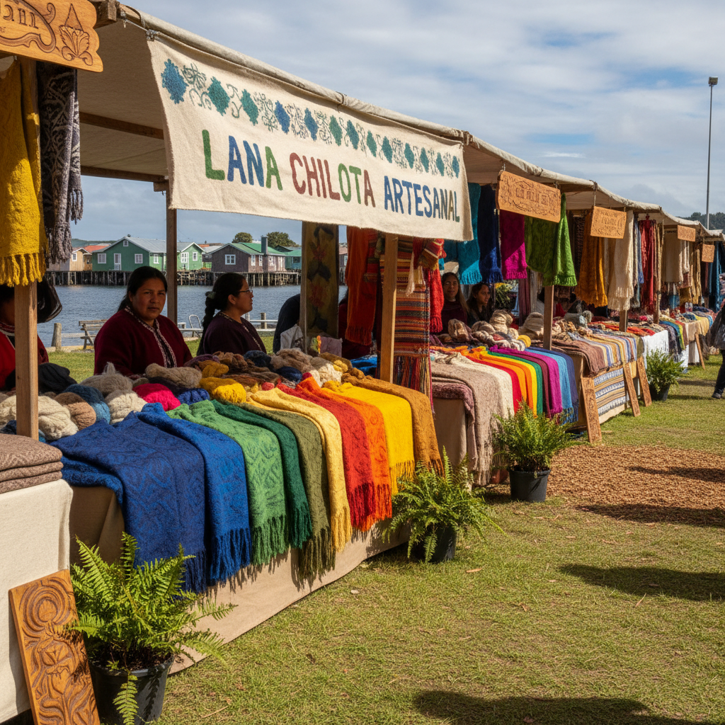 Tejidos de lana de colores vivos en feria artesanal de Chiloé