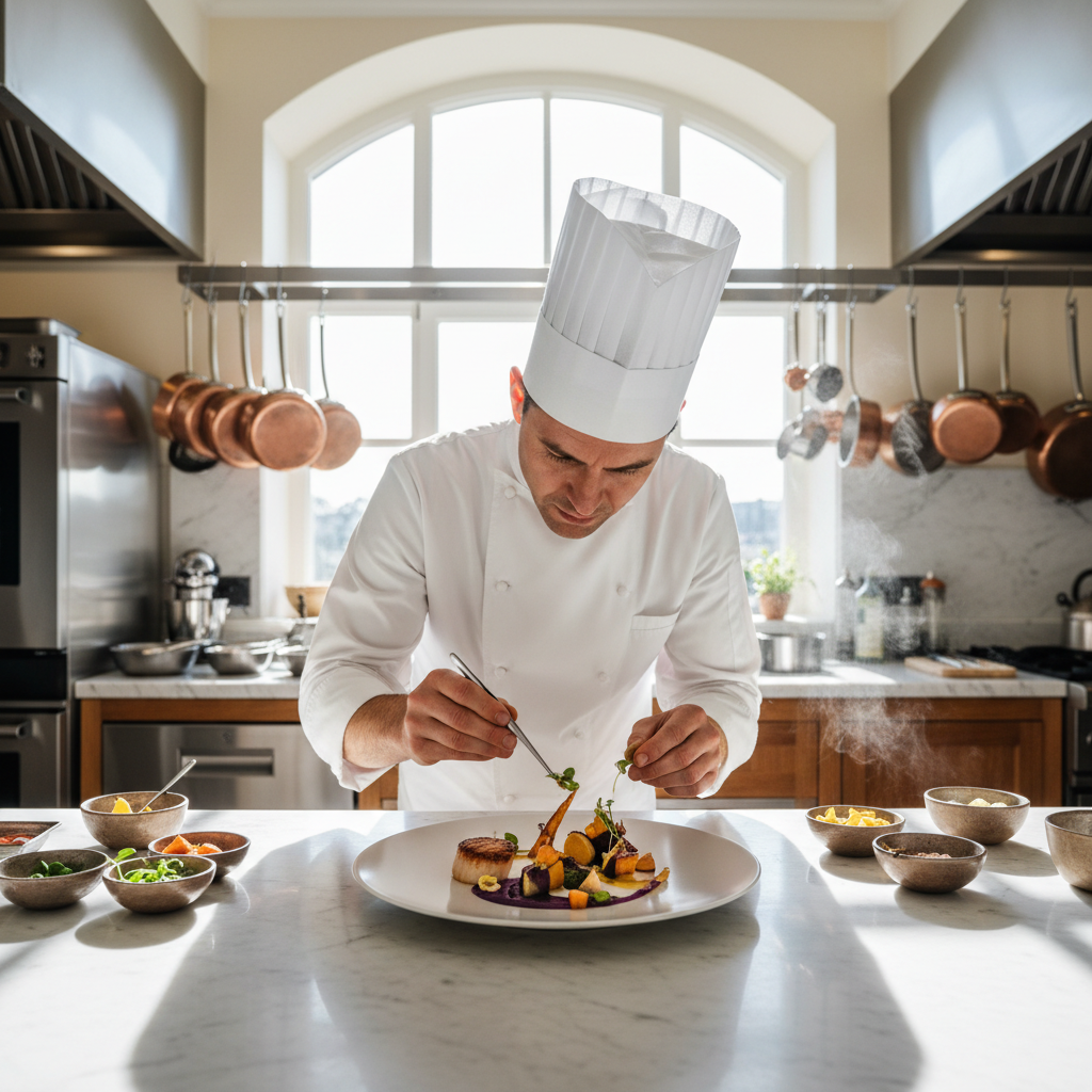 Chef plating an intricate dish in the compact but immaculate GrandRail kitchen car with copper cookware and marble surfaces