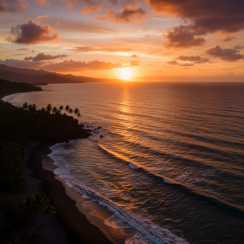 Golden sunset over the ocean at Scotts Head peninsula in Dominica