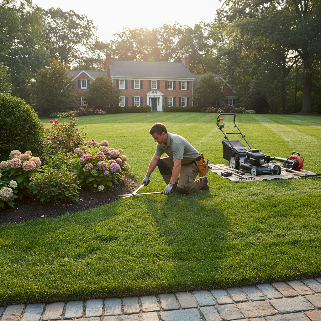 Worker trimming grass edges along a sidewalk at an apartment complex