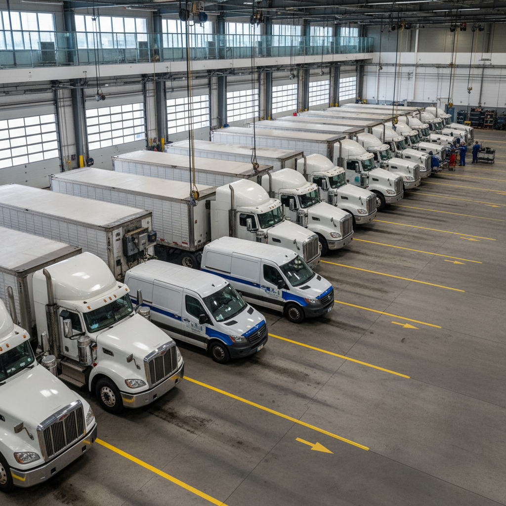 Row of white commercial delivery vans parked in a fleet lot at dusk