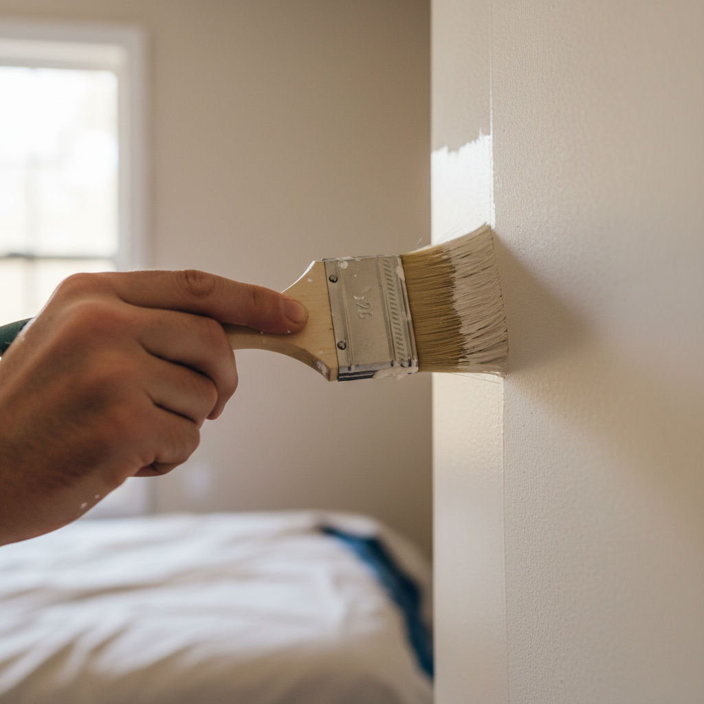 Close-up of a decorator carefully cutting in paint along a ceiling cornice in a period property