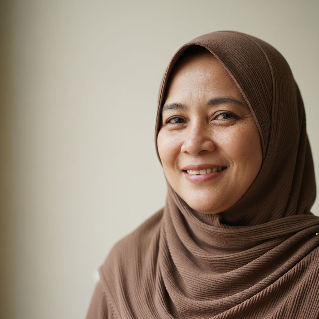 Wanita Indonesia berpenampilan profesional dengan hijab berwarna netral pada latar terang