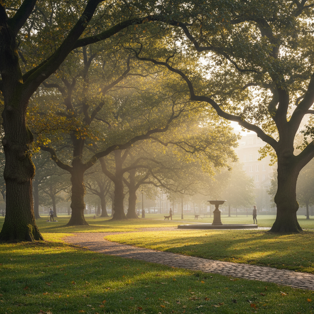 Soft morning light filtering through forest leaves, green and peaceful, gentle breath of nature