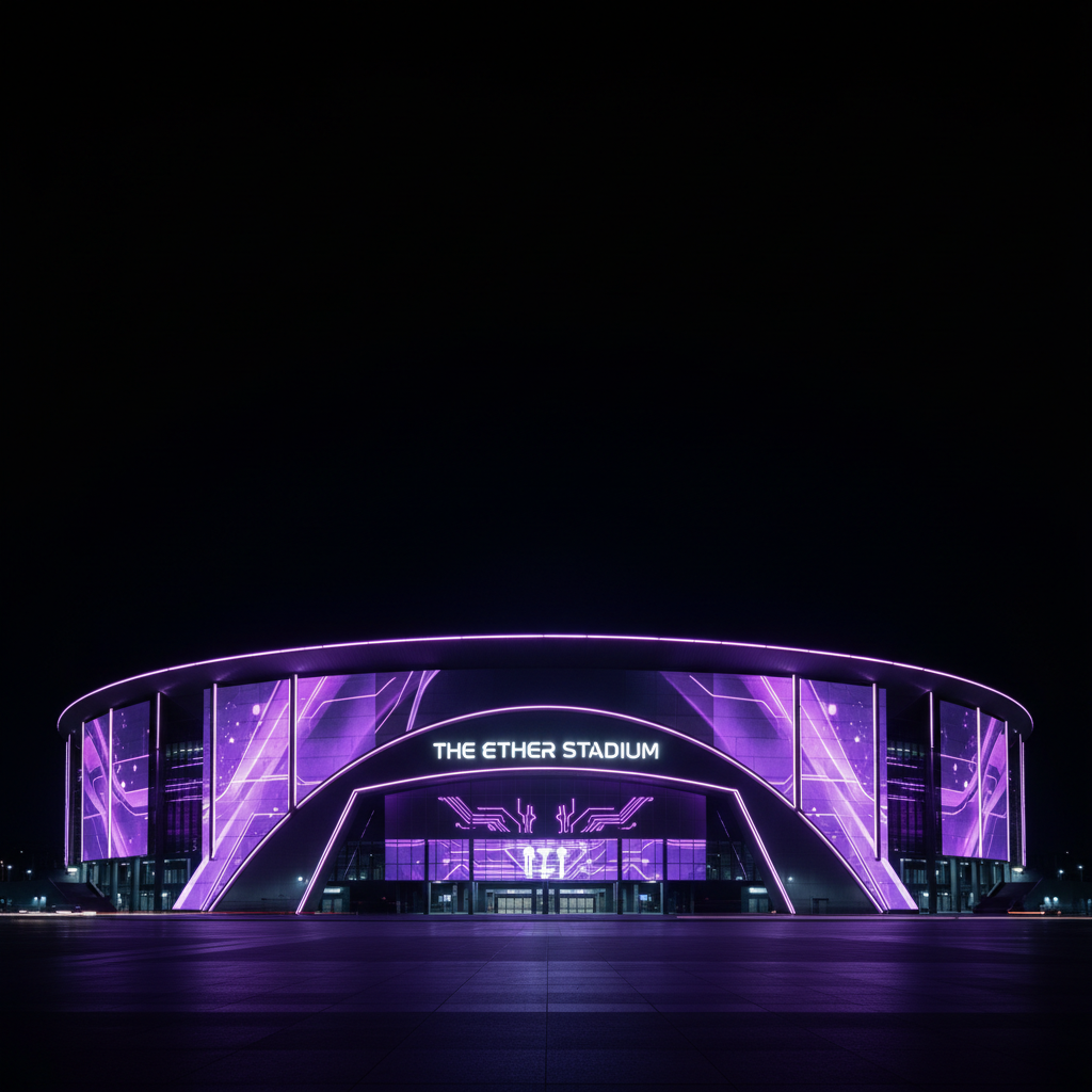 Massive arena facade wrapped in violet identity system, photographed at night against void sky
