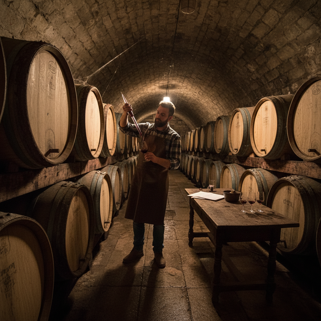 Dimly lit barrel room with rows of oak barrels and a winemaker drawing wine with a thief tool