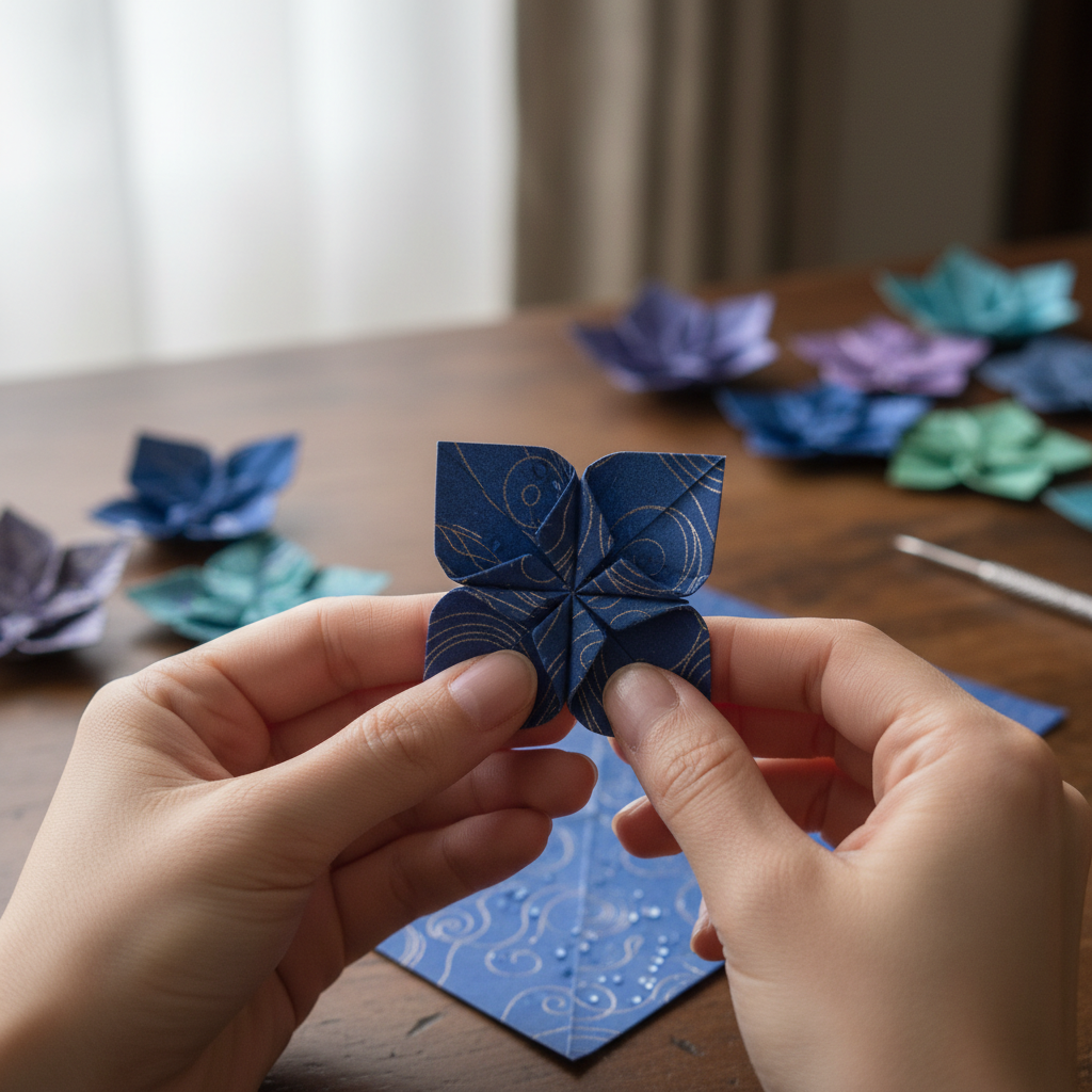 Hands carefully folding intricate origami petal showing detailed crease work