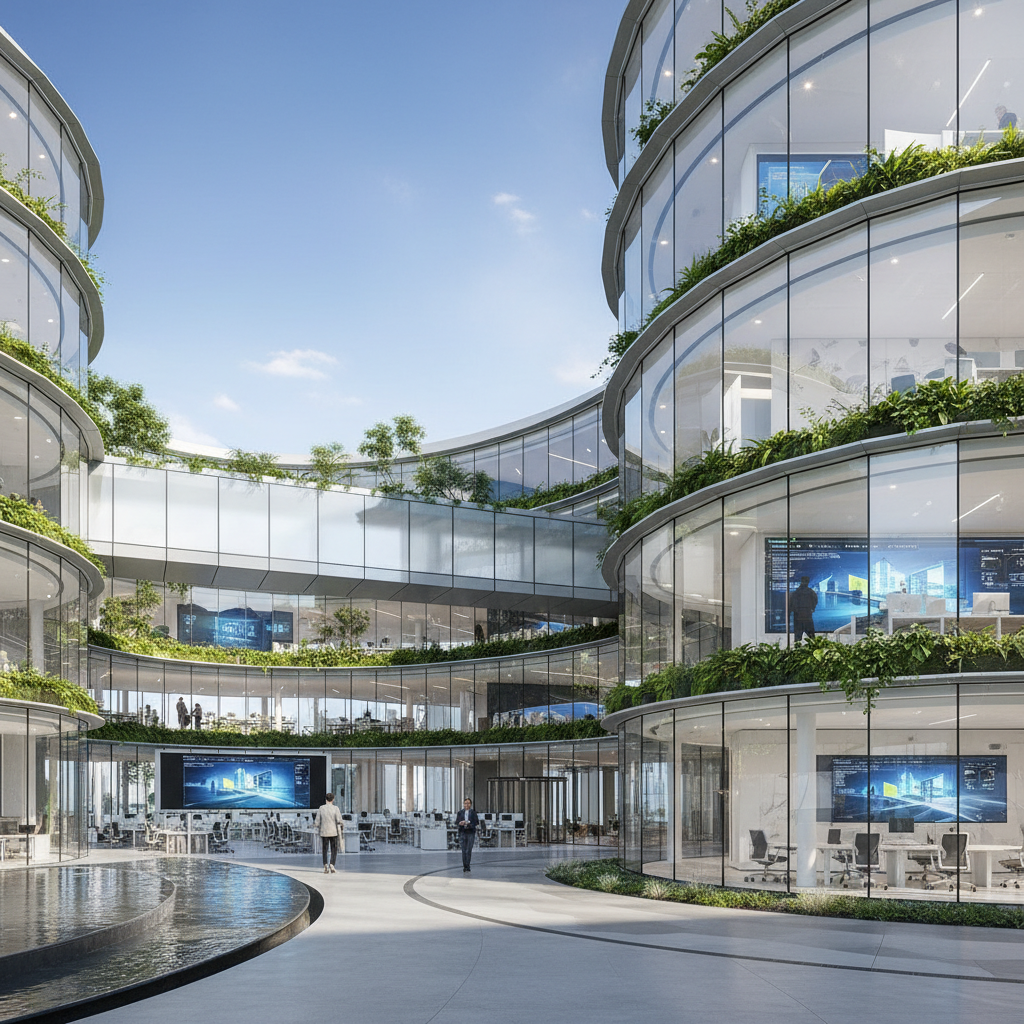 Modern commercial office building in Bangalore with glass facade and sustainable design features