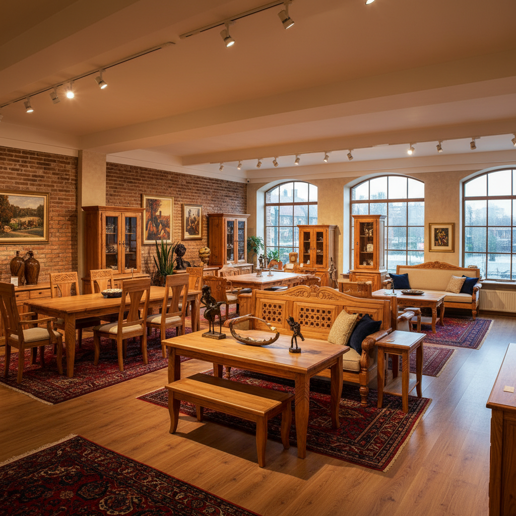 Elegant wooden furniture showroom with warm lighting and modern interior design