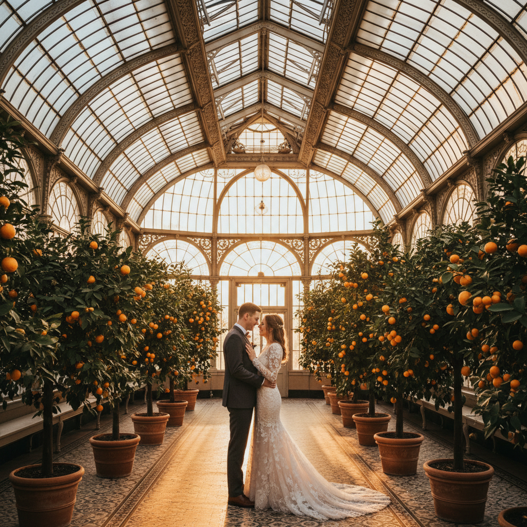 Lush private conservatory at golden hour, cream garden roses and cascading wisteria, warm diffused light