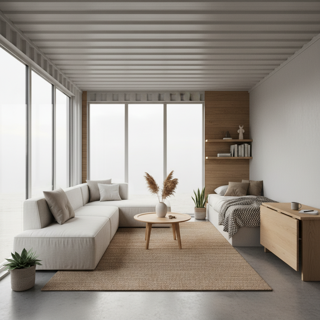 Essentials tier staged container home with clean minimal furniture and natural textiles
