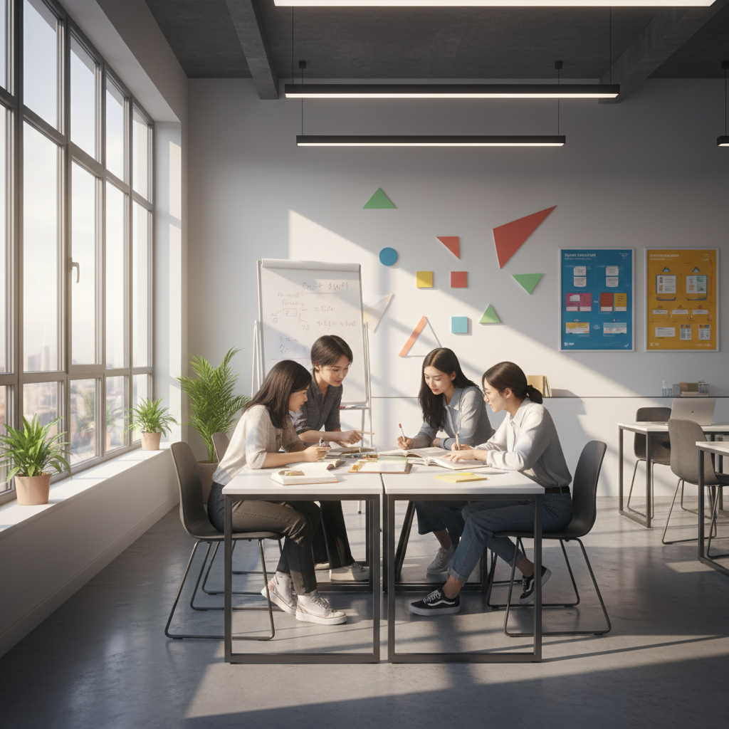 Asian students studying together in a bright modern classroom environment