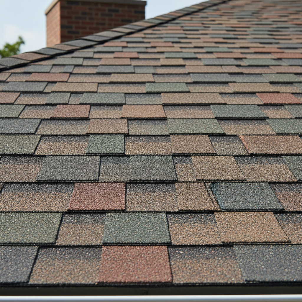 New shingle roofing on a brick Chicago home — close-up of clean architectural shingles with gutter detail