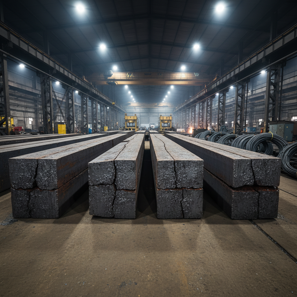 Large steel bloom sections in manufacturing plant, heavy machinery background, industrial dark setting