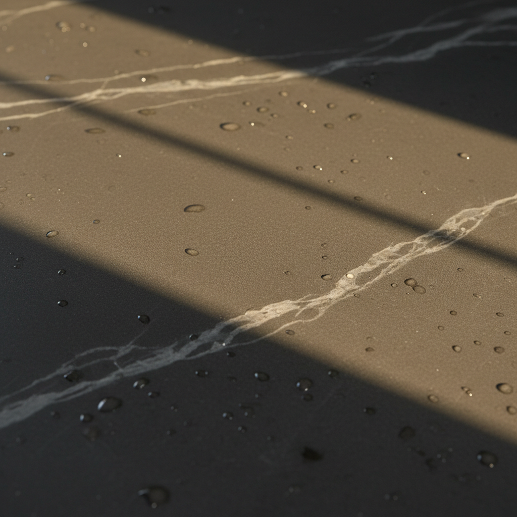Close-up of honed soapstone countertop surface showing natural veining and matte texture with morning light raking across the stone