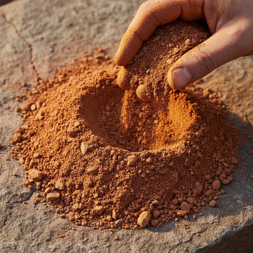 Close-up of hand-ground ochre pigment in warm orange and red tones on stone surface