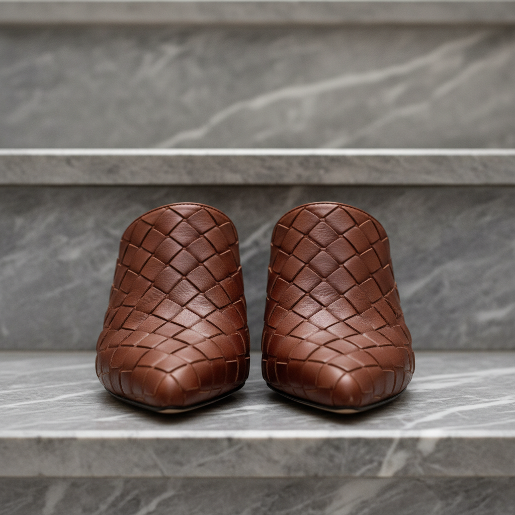 Cream leather Amalfi mule sandal on marble surface