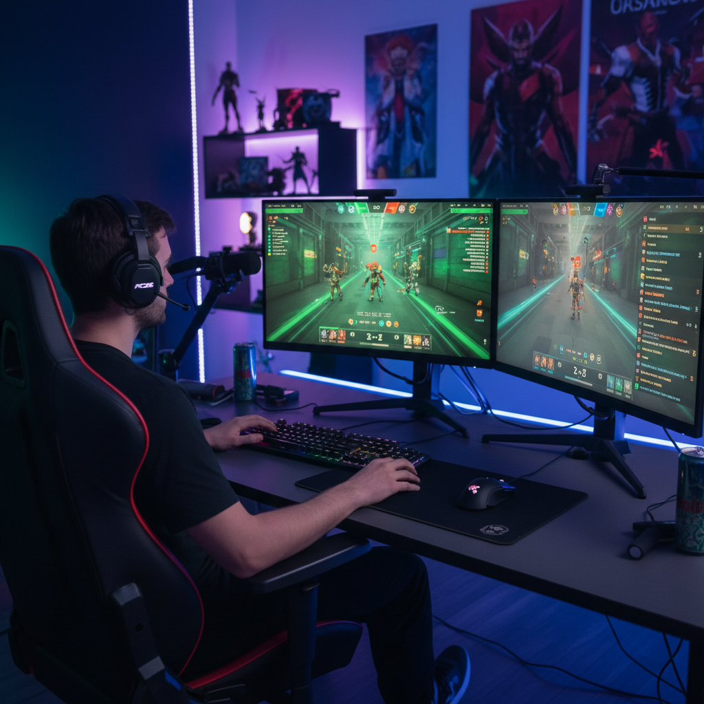 Person gaming intensely in dark room with neon RGB lighting and multiple monitors