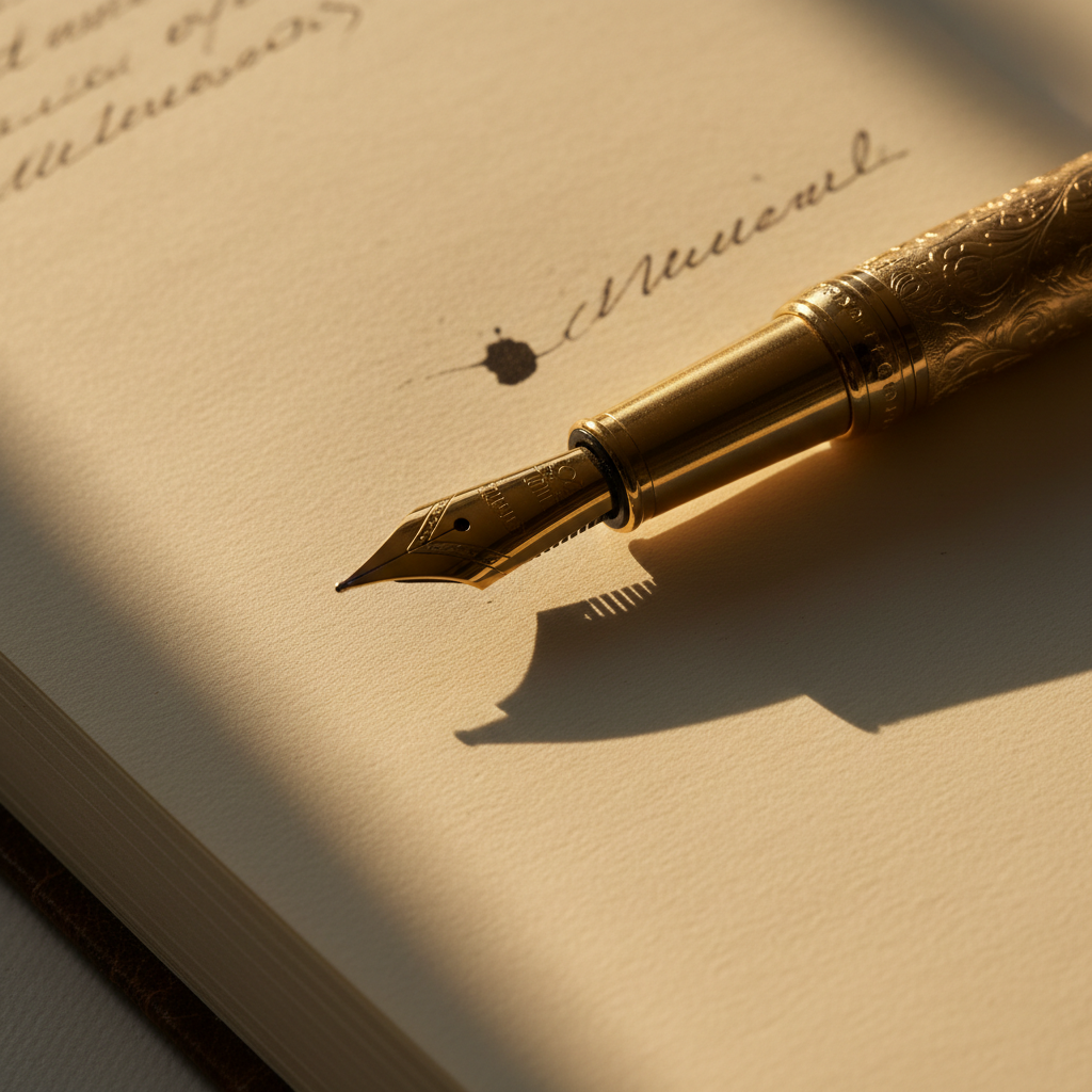 Overhead view of a gold-trimmed fountain pen resting on an open journal, early morning amber light catching the nib and casting a long shadow across cream pages