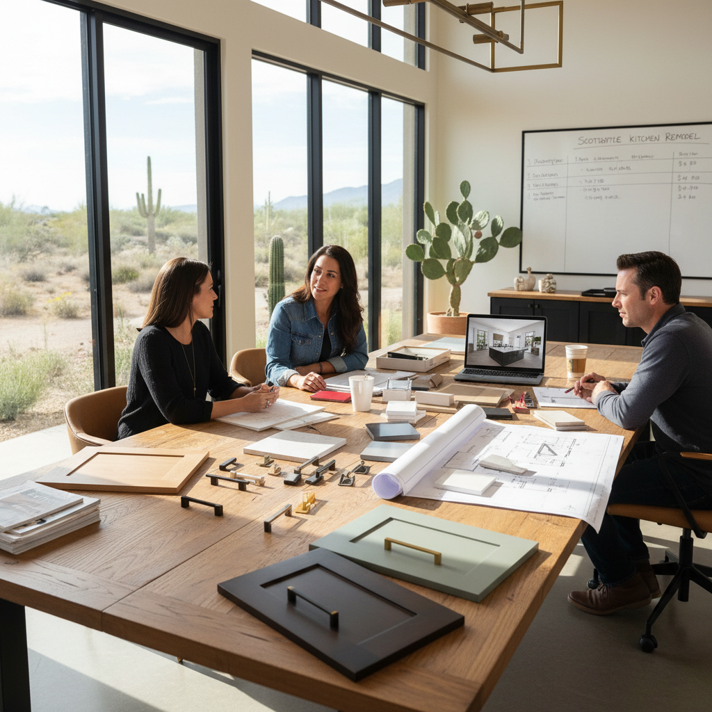Kitchen cabinet design consultation with material samples and layout drawings for Scottsdale kitchen remodel