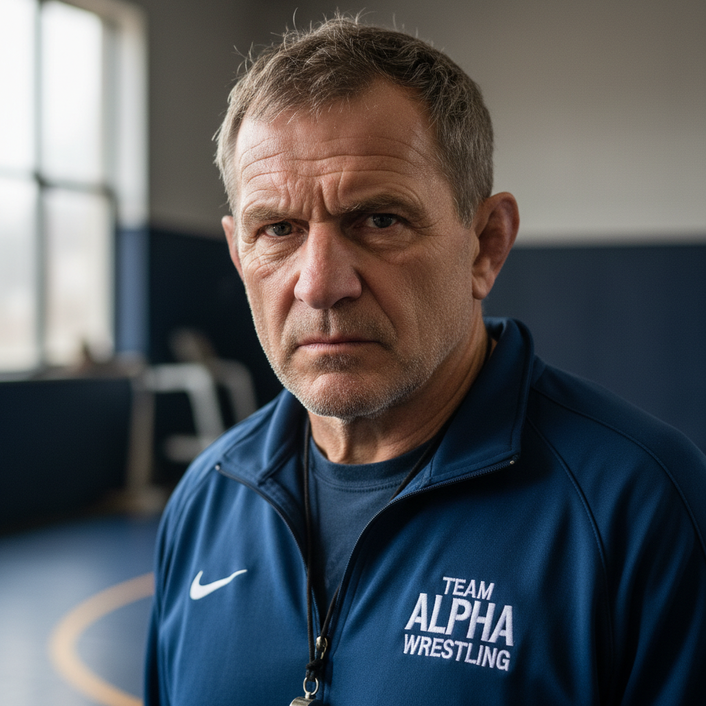 Experienced male wrestling coach with intense focused expression, authoritative presence