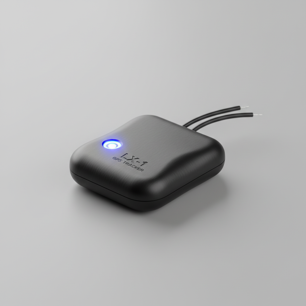 LX-1 Hardwire GPS tracker device in matte black casing with blue LED indicator light