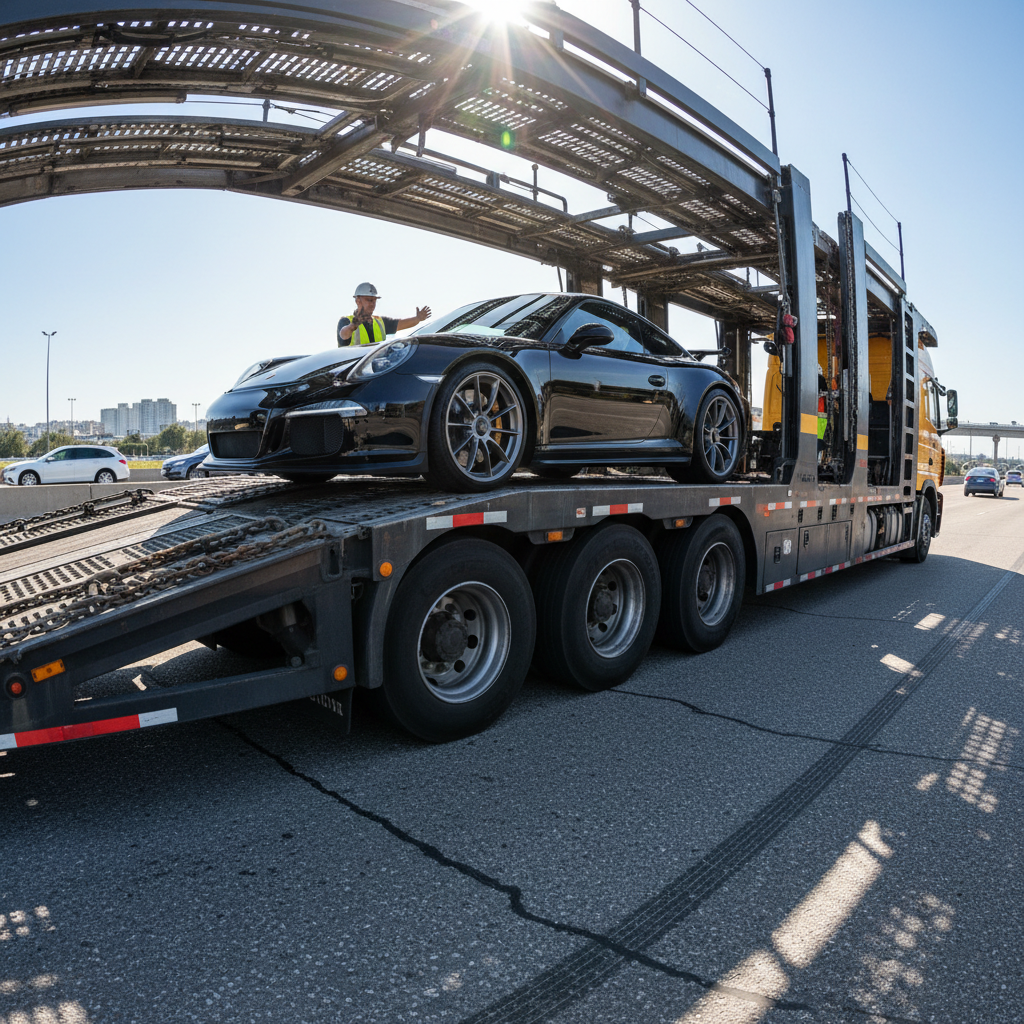 Car being loaded onto an enclosed transport carrier truck, professional auto transport setting