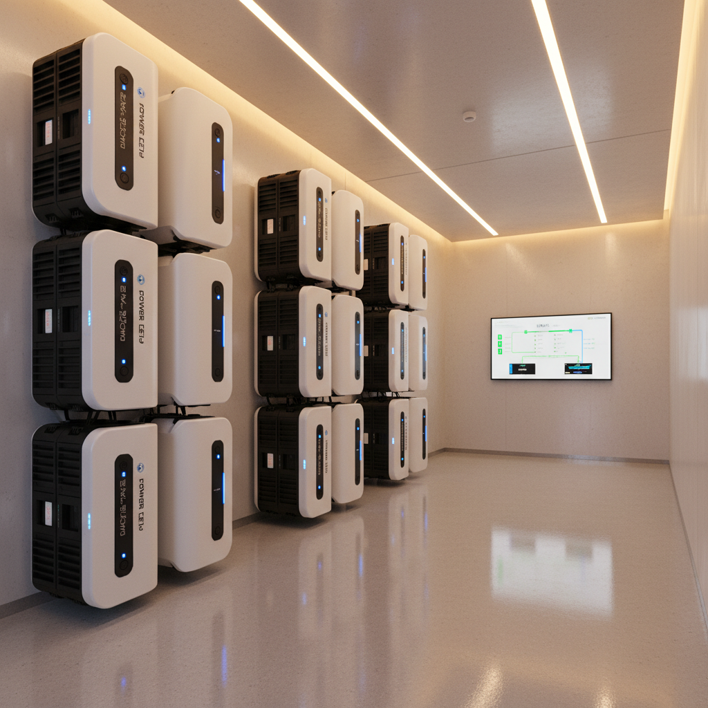 Solar battery storage system installed in clean environment, modern energy storage, bright indoor setting