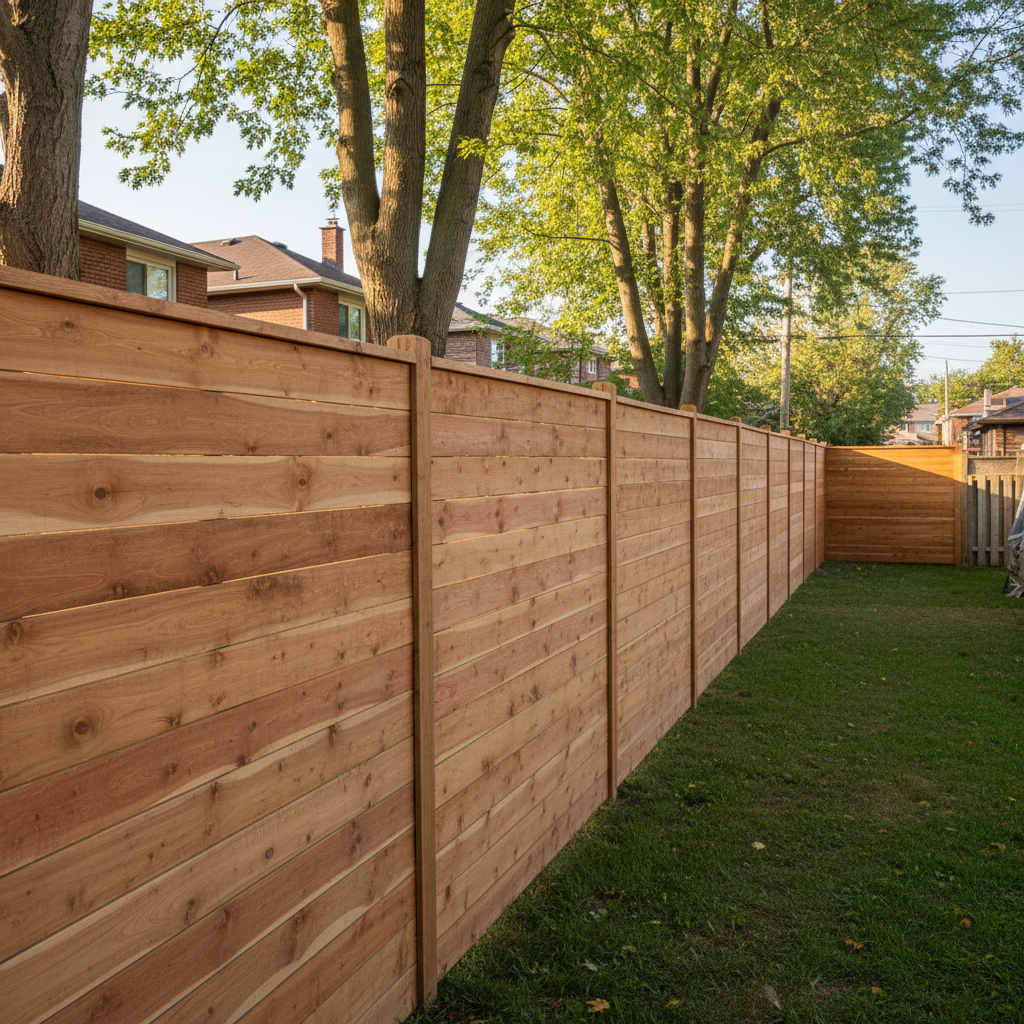 Cedar fence panels running along a Toronto property line, tight grain visible in warm afternoon light